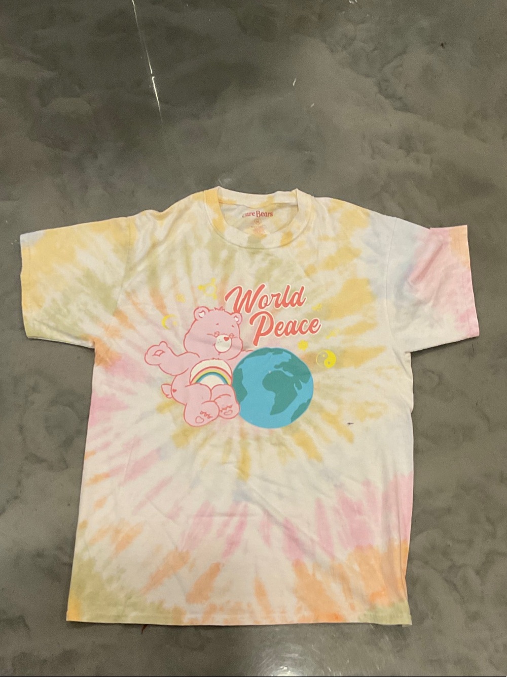 Care Bears World Peace Tie-Dye Tee with Pastel Pink Bear & Yellow Accents